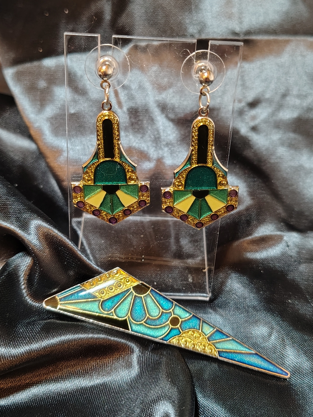Art Deco Emerald, Yellow, Blue, Gold & Red Geometric Drop Earrings & Brooch